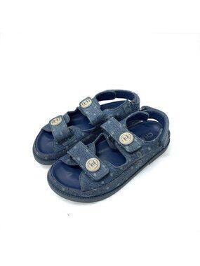 Chanel Sandals Shoes Denim Blue Coco Mark Velcro Flat